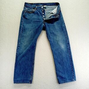 Levi Strauss 501 Mens Jeans Button Fly Blue Denim W34 L29 Classic Fit‎ (Hemmed)